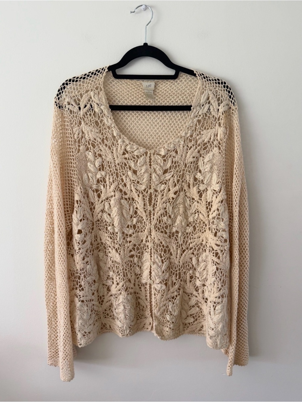 90s Vintage Linen Blend Crochet Open Knit Boho Coastal Resort Cardigan Womens 2X